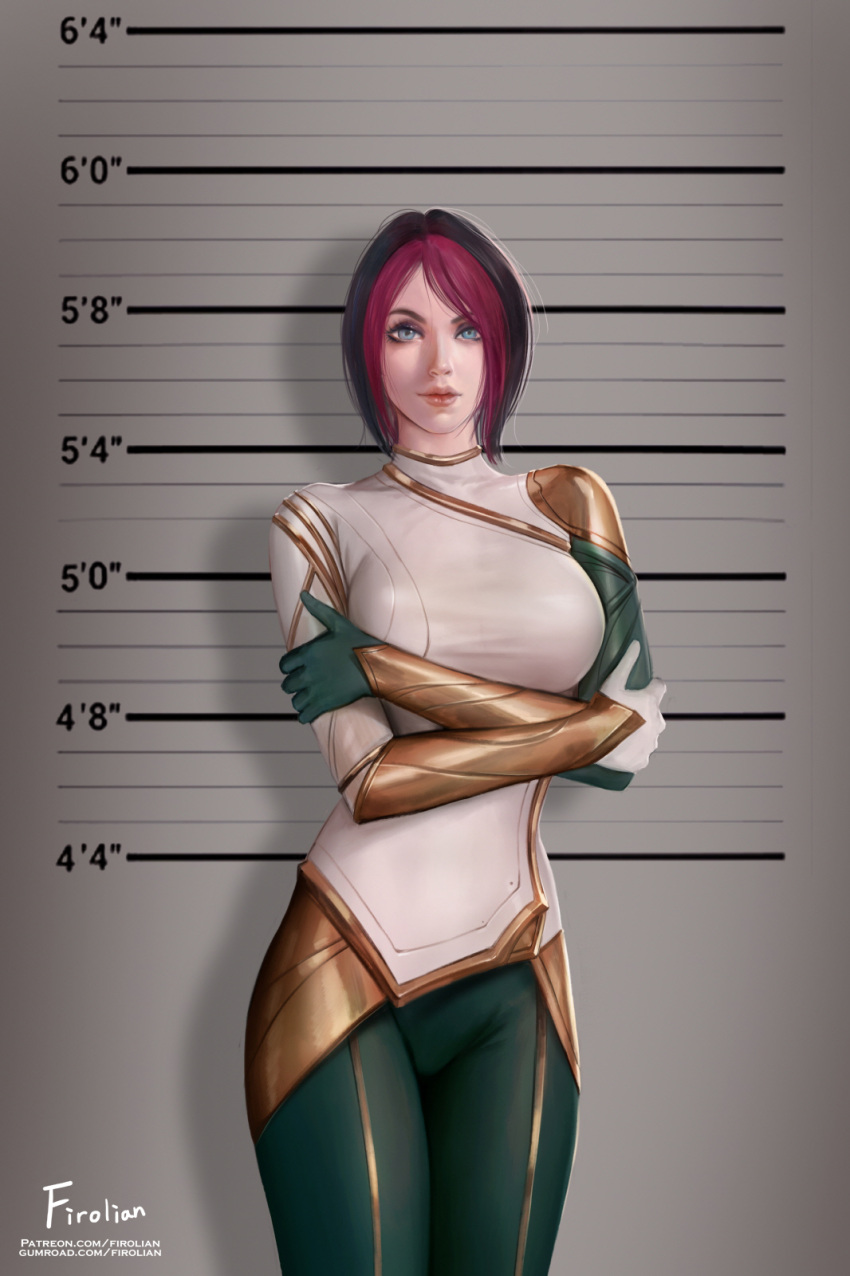 1girl black_hair blue_eyes breasts crossed_arms fiora_laurent firolian gloves height_chart highres large_breasts league_of_legends lips looking_at_viewer mugshot multicolored_hair pants redhead short_hair solo standing