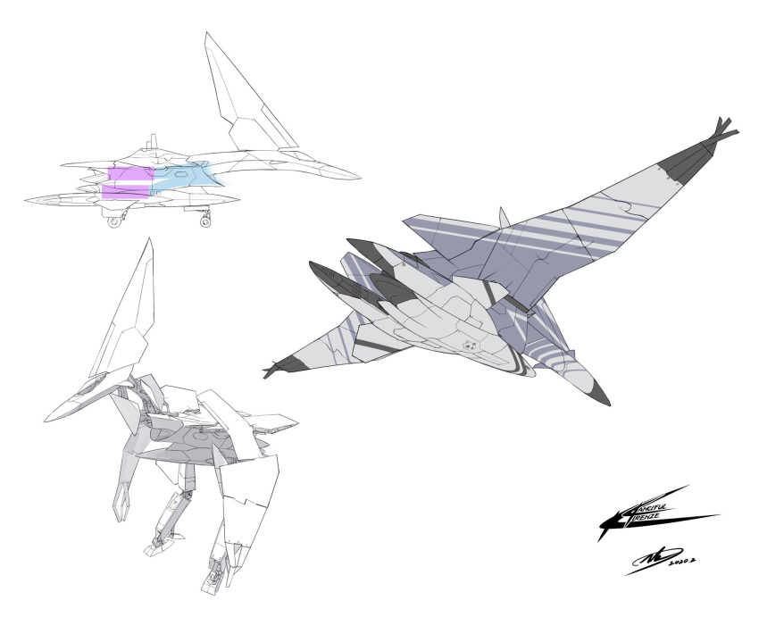 aircraft airplane andrew_leung dated fighter_jet from_below from_side highres jet mecha military military_vehicle multiple_views no_humans original science_fiction signature sketch standing vehicle_focus white_background