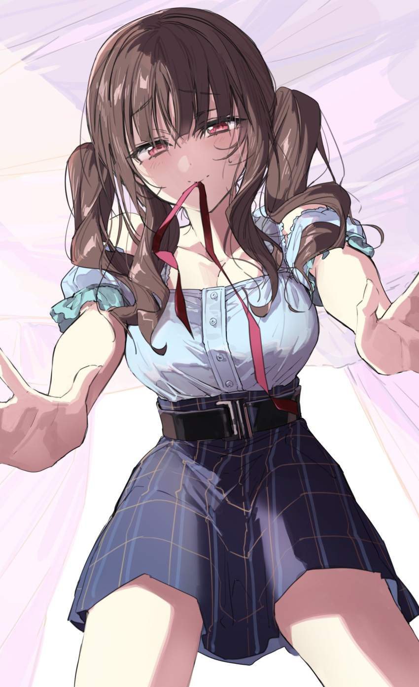 absurdres belt blue_shirt blush breasts brown_hair buttons closed_mouth eyebrows_visible_through_hair highres large_breasts long_hair looking_at_viewer miniskirt mouth_hold original pink_ribbon plaid plaid_skirt red_eyes ribbon ribbon_in_mouth shirt shirt_tucked_in short_sleeves skirt standing twintails wattaro