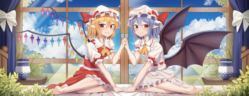 2girls absurdres arm_support ascot bangs barefoot bat_wings blonde_hair blush bow bush closed_mouth clouds cloudy_sky crystal curtains day dress eyebrows_behind_hair fang flandre_scarlet goback grin hair_between_eyes hat hat_bow highres holding_hands huge_filesize indoors interlocked_fingers looking_at_viewer mob_cap multiple_girls parted_lips petticoat pointy_ears puffy_short_sleeves puffy_sleeves purple_hair red_bow red_eyes red_skirt red_vest remilia_scarlet shirt short_sleeves siblings sisters sitting skirt skirt_set sky smile touhou uneven_eyes vase vest white_bow white_dress white_headwear white_shirt window wings yellow_neckwear yokozuwari