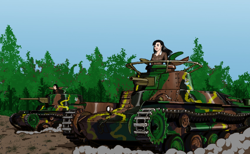 2girls black_eyes black_hair breasts caterpillar_tracks chi-hatan_(emblem) chi-hatan_military_uniform clouds commentary_request daijobuda day dust_cloud emblem forest girls_und_panzer grass ground_vehicle long_hair military military_vehicle motor_vehicle multiple_girls nature nishi_kinuyo sky smile tamada_(girls_und_panzer) tank type_97_chi-ha