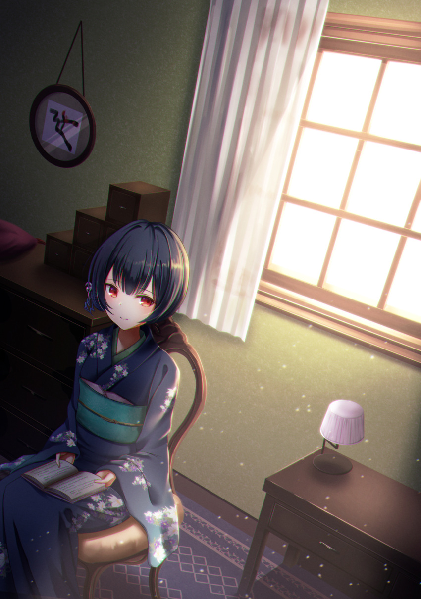 1girl bangs blue_hair blue_kimono book carpet chair closed_mouth curtains drawer fall_(5754478) floral_print flower hair_flower hair_ornament highres idolmaster idolmaster_shiny_colors indoors japanese_clothes kimono lamp light looking_at_viewer morino_rinze obi painting_(object) red_eyes sash short_hair solo table window