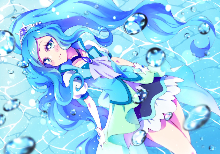 1girl bangs blue_choker blue_eyes blue_hair blush choker closed_mouth collarbone cure_fontaine dress floating_hair gloves healin'_good_precure highres kyoutsuugengo layered_dress long_hair parted_bangs ponytail precure shiny shiny_hair short_dress short_sleeves smile solo very_long_hair white_gloves