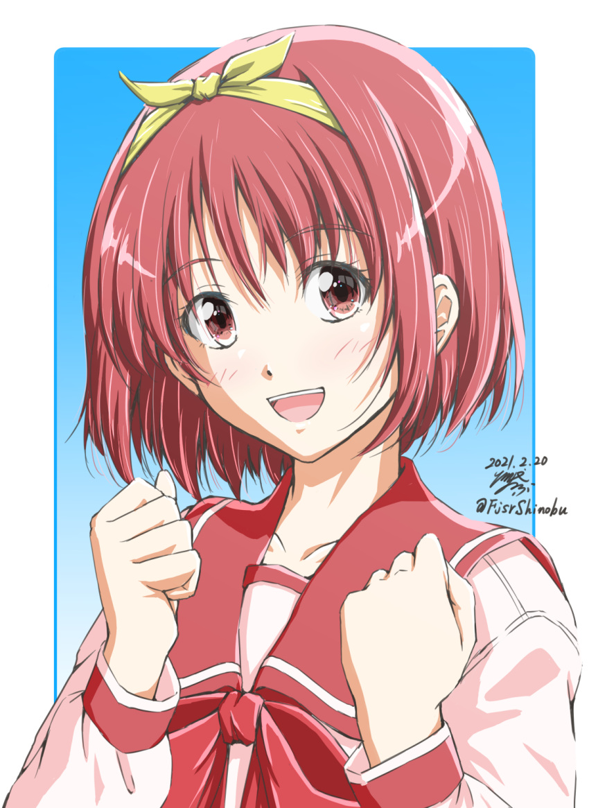 1girl :d arms_up blue_background clenched_hands collarbone commentary_request dated eyebrows_visible_through_hair hair_ribbon head_tilt highres kamigishi_akari light_blush long_sleeves looking_at_viewer neckerchief open_mouth partial_commentary pink_shirt red_eyes red_neckwear red_sailor_collar redhead ribbon sailor_collar school_uniform serafuku shino-puchihebi shirt short_hair signature sleeve_cuffs smile solo to_heart twitter_username upper_body upper_teeth yellow_ribbon