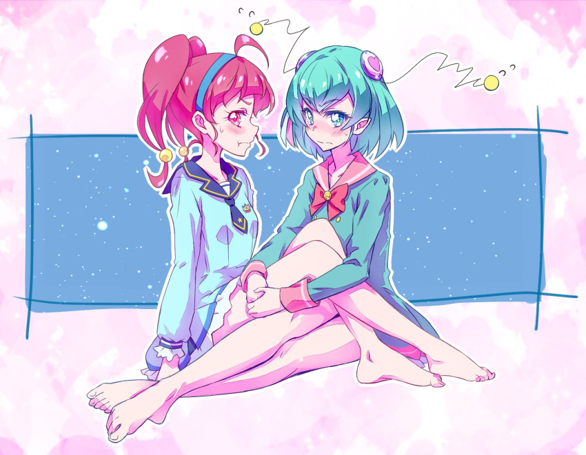 2girls :t barefoot blue_dress blue_eyes blue_hair bun_cover closed_mouth collarbone collared_shirt dress full_body hagoromo_lala highres hoshina_hikaru kyoutsuugengo long_hair long_sleeves medium_hair multiple_girls pink_shirt precure red_eyes redhead sailor_collar sailor_shirt shiny shiny_hair shirt short_dress star_twinkle_precure sweatdrop twintails