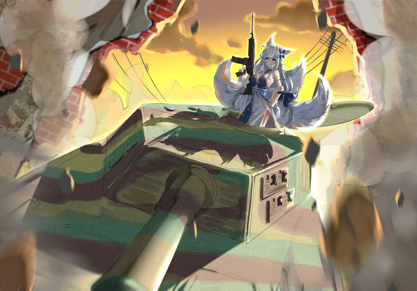 1girl absurdres animal_ears artist_request assault_rifle azur_lane blue_eyes breasts brick_wall clouds commentary_request dress fox_ears fox_girl fox_tail ground_vehicle gun highres huge_filesize long_hair military military_vehicle motor_vehicle multiple_tails rifle shinano_(azur_lane) sky smile smoke solo tail tank tiger_ii utility_pole weapon white_hair