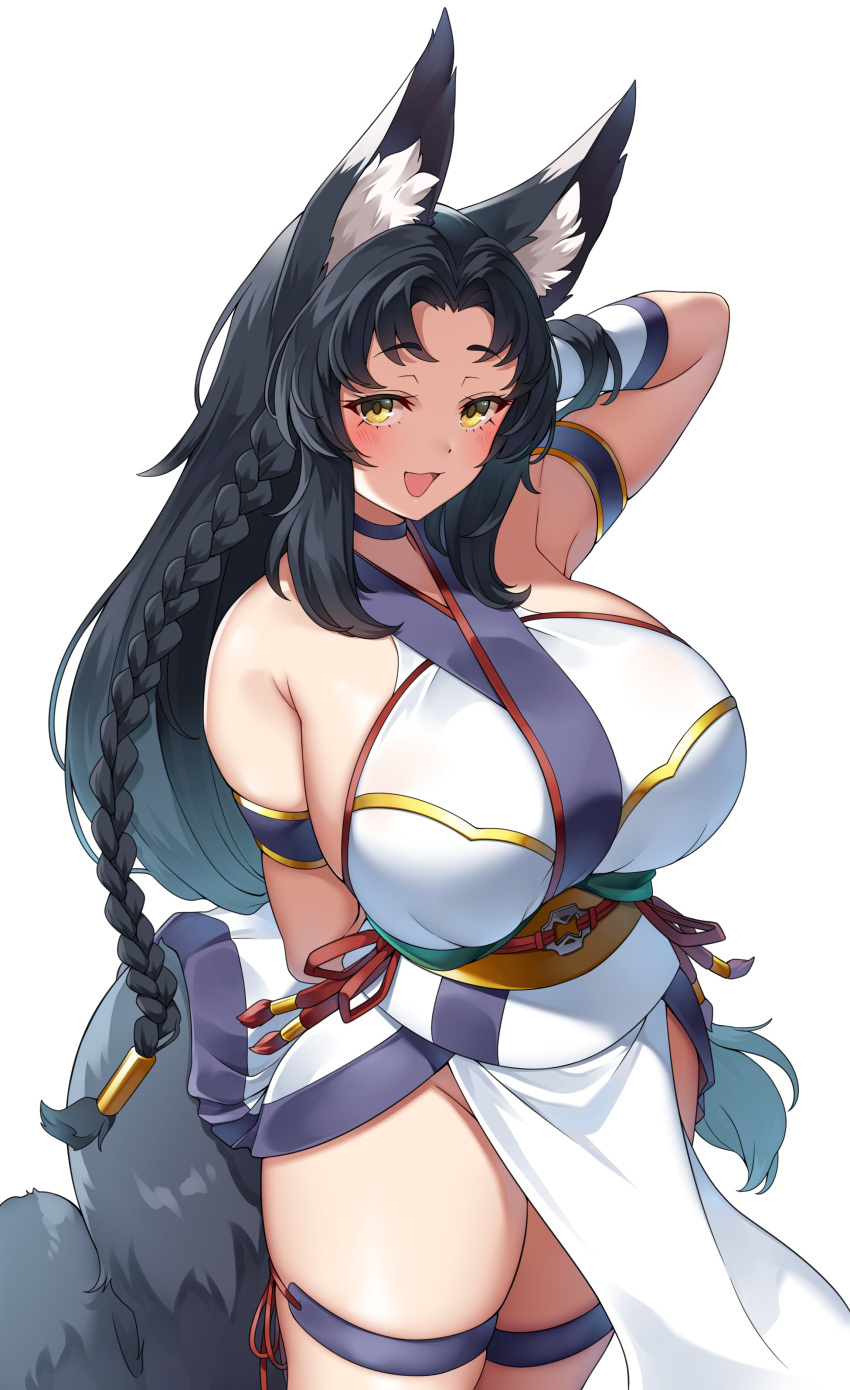 1girl absurdres animal_ear_fluff animal_ears arm_behind_back arm_up armband bare_shoulders black_hair blush braid breasts commission fox_ears fox_tail groin highres huge_breasts japanese_clothes long_hair no_panties original pelvic_curtain side_braid sideboob simple_background skeb_commission smile solo suruga_(xsurugax) tail thigh_strap very_long_hair white_background yellow_eyes