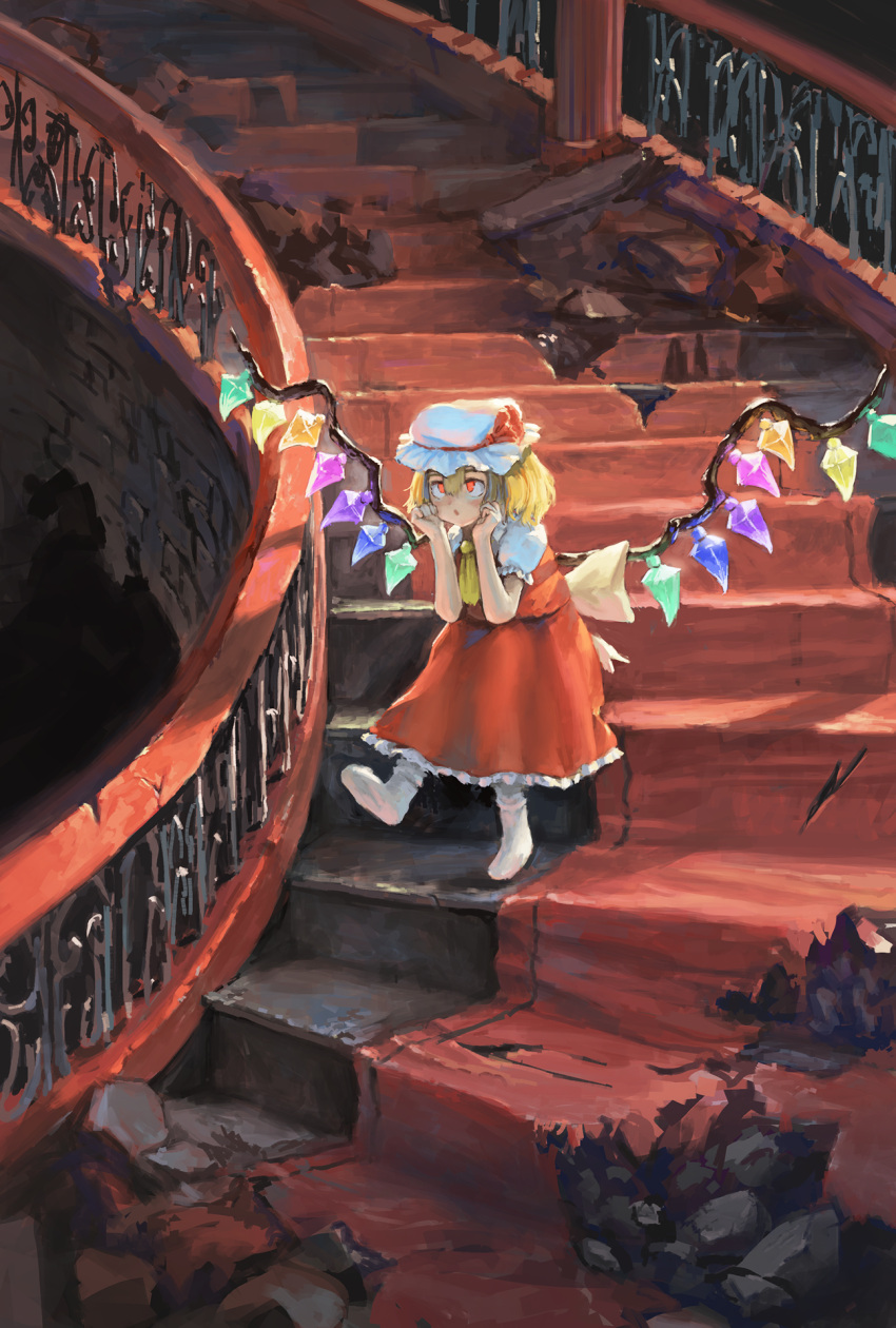 1girl blonde_hair bobby_socks column cravat fjsmu flandre_scarlet hair_between_eyes handrail hands_on_own_face hat highres indoors leg_lift looking_up mob_cap no_shoes pillar puffy_short_sleeves puffy_sleeves red_carpet red_eyes red_skirt red_vest ruins shirt short_hair short_sleeves sitting skirt socks solo stairs touhou vest white_headwear white_legwear white_shirt wide_shot wings yellow_neckwear