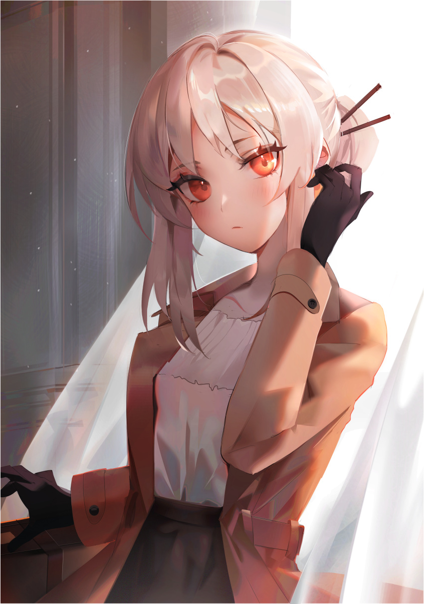 1girl absurdres black_gloves blush borrowed_character breasts coat commentary_request gloves highres huge_filesize long_hair looking_at_viewer orange_eyes original solo two_(buttoniris) white_hair yoru_(yowuyoru)