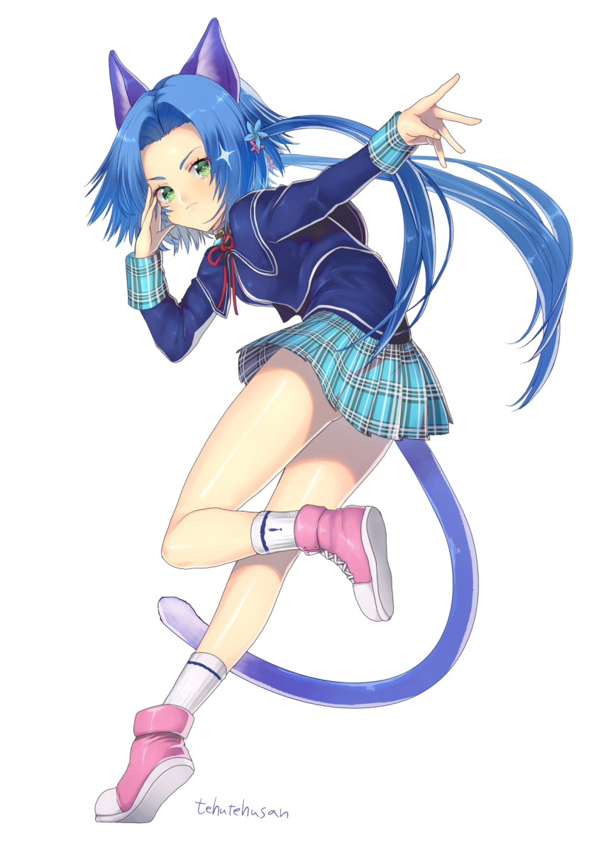 1girl alternate_costume animal_ears belt_collar blue_hair capelet cat_ears cat_tail closed_mouth collar flower green_eyes hair_intakes highres long_hair looking_at_viewer meracle_chamlotte miniskirt murata_tefu neck_ribbon ribbon shoes simple_background skirt smile socks solo standing standing_on_one_leg star_ocean star_ocean_anamnesis star_ocean_the_last_hope tail twintails white_background