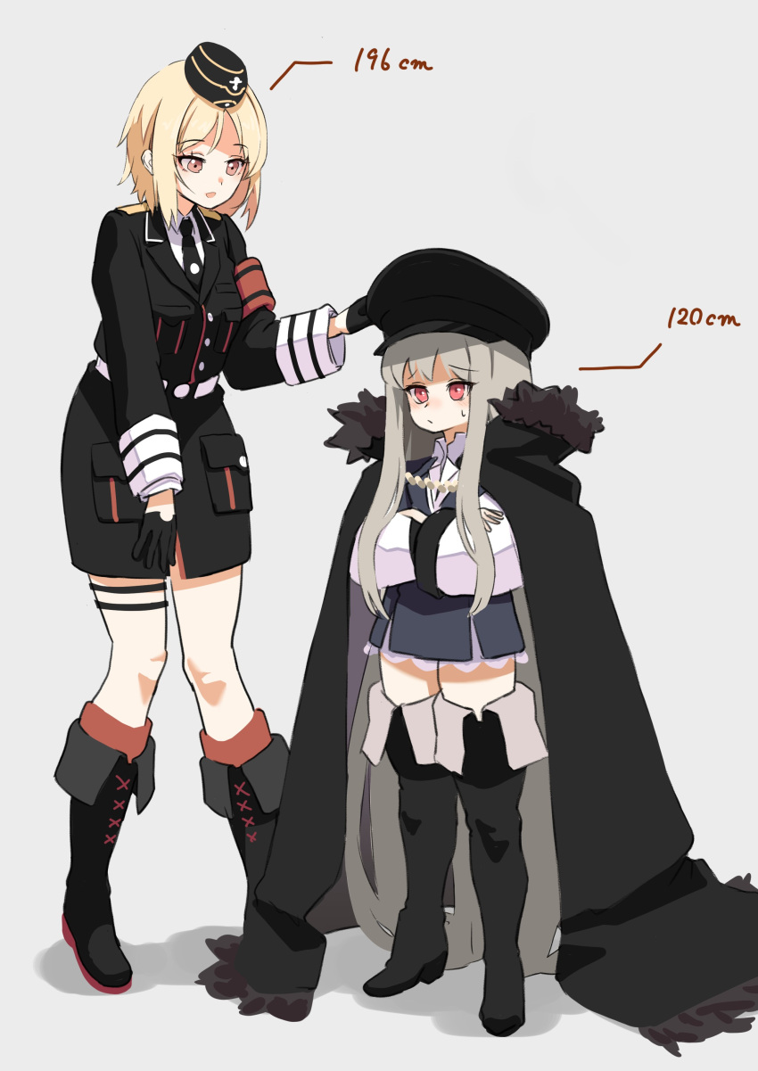 2girls absurdly_long_hair absurdres blonde_hair blush boots brown_eyes cape girls_frontline grey_hair hat height_difference highres kar98k_(girls_frontline) knee_boots long_hair medium_hair mp40_(girls_frontline) multiple_girls red_eyes sidelocks sweatdrop thigh-highs thigh_boots toryu_fufu very_long_hair