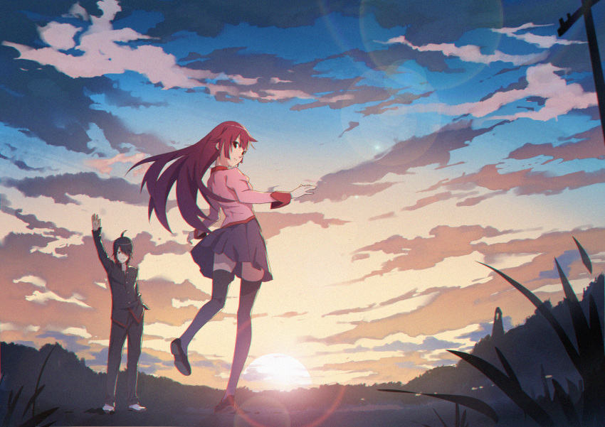 1boy 1girl araragi_koyomi arm_up backlighting bakemonogatari bangs black_footwear black_legwear black_pants black_shirt blue_skirt chromatic_aberration clouds cloudy_sky commentary eyebrows_visible_through_hair film_grain full_body gakuran gradient_sky highres huge_filesize juliet_sleeves lens_flare loafers lonesome_street long_hair long_sleeves looking_at_viewer looking_back monogatari_(series) naoetsu_high_school_uniform outdoors pants pink_shirt pleated_skirt puffy_sleeves purple_hair school_uniform senjougahara_hitagi shadow shiny shiny_hair shirt shoes sidelocks skirt sky sleeve_cuffs smile sun sunset thigh-highs utility_pole white_footwear zettai_ryouiki