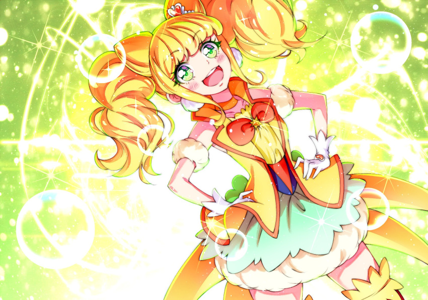1girl :d arm_strap bangs blonde_hair blush bow bowtie cowboy_shot cure_sparkle dutch_angle eyebrows_visible_through_hair floating_hair gloves green_eyes hair_ornament healin'_good_precure heart heart_hair_ornament highres kyoutsuugengo layered_skirt long_hair miniskirt open_mouth precure red_bow red_neckwear shiny shiny_hair skirt smile solo sparkle standing thigh-highs twintails white_gloves zettai_ryouiki