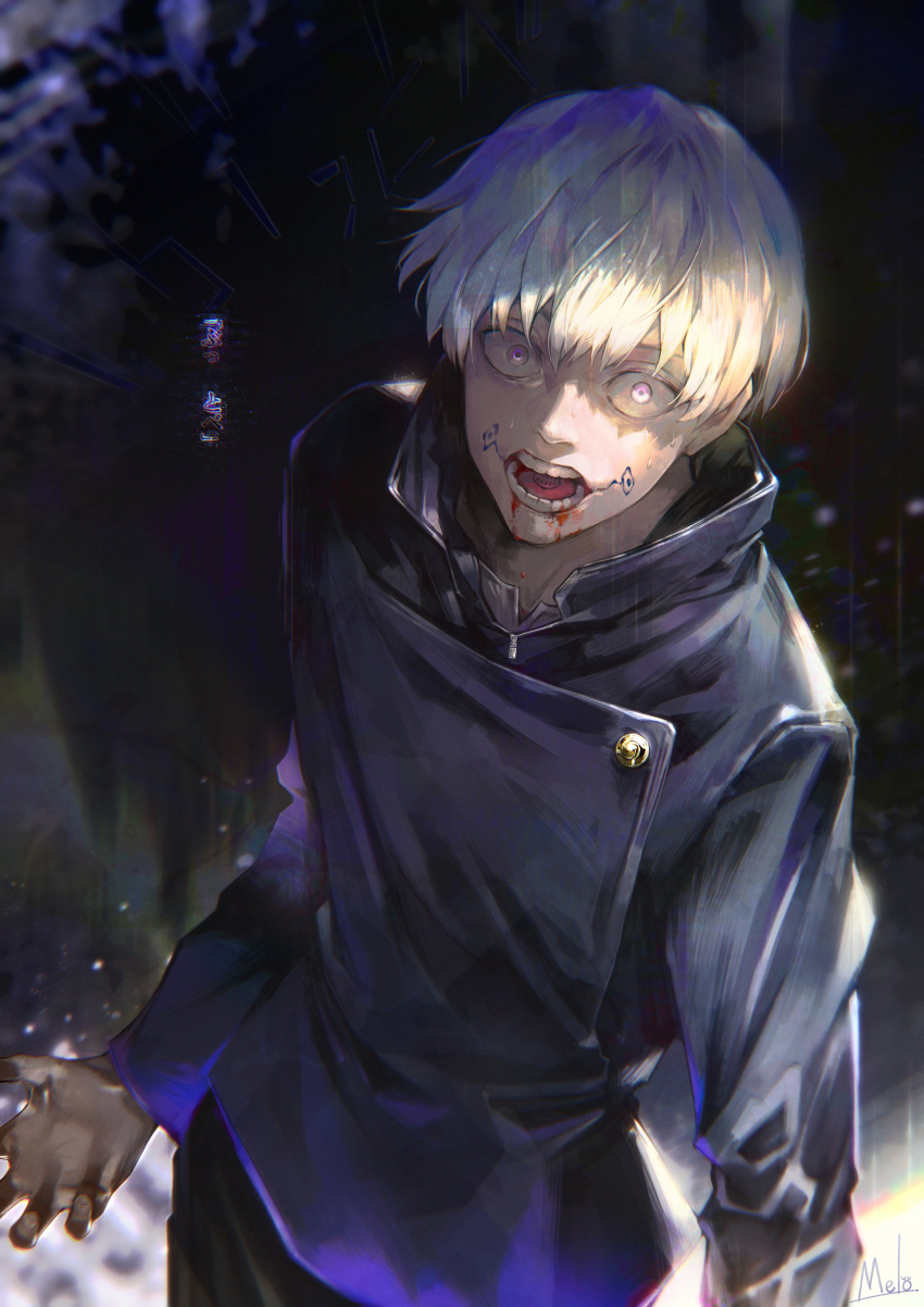 1boy absurdres bangs black_jacket blonde_hair blood buttons commentary_request facial_tattoo high_collar highres inumaki_toge jacket jujutsu_kaisen kyuuba_melo long_sleeves looking_at_viewer male_focus open_mouth short_hair solo tattoo teeth tongue violet_eyes