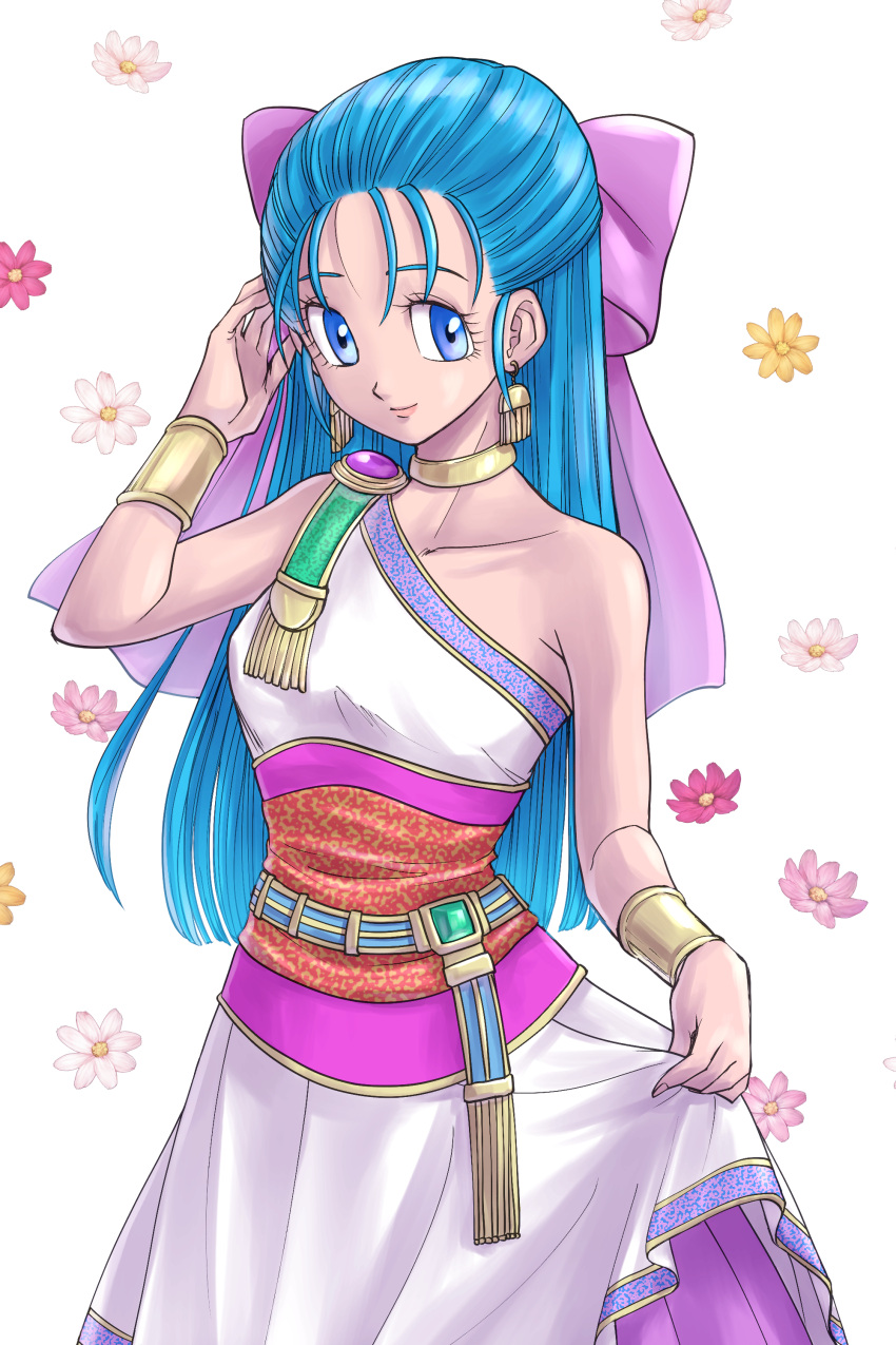 1girl absurdres asymmetrical_clothes blue_eyes blue_hair bow bracelet chinyan commentary_request dragon_quest dragon_quest_v dress dress_lift earrings flora_(dq5) flower hair_bow highres huge_bow jewelry long_dress long_hair looking_at_viewer purple_bow single_bare_shoulder sleeveless sleeveless_dress solo white_background white_dress