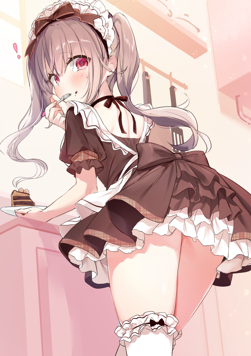 ! 1girl absurdres apron bangs blush brown_dress brown_ribbon cake cake_slice chocolate_cake choker dress eating emia_(castilla) eyebrows_visible_through_hair food food_on_face fork frilled_dress frilled_legwear frills from_below grey_hair hair_ribbon highres holding holding_fork holding_plate kitchen layered_dress looking_at_viewer looking_back maid maid_apron maid_headdress original plate red_eyes ribbon ribbon_choker solo thigh-highs twintails utensil_in_mouth white_legwear