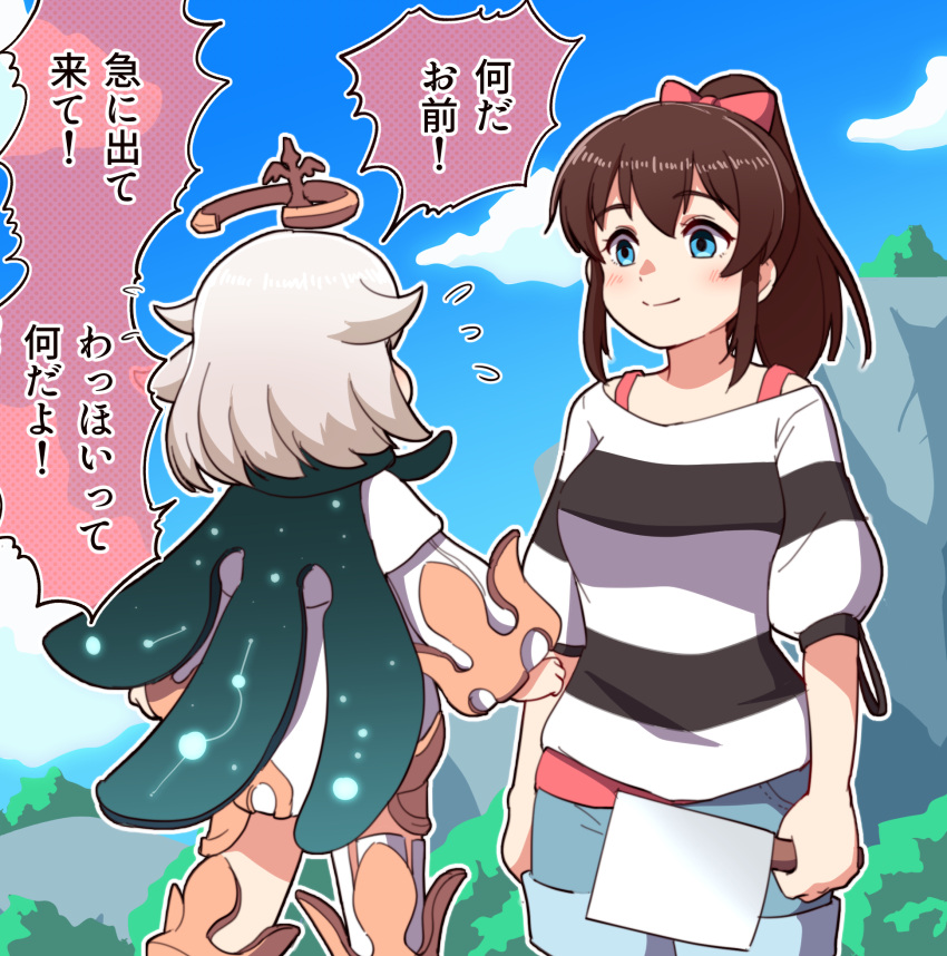 2girls blue_eyes brown_hair cleaver dress empty_eyes genshin_impact halo highres idolmaster idolmaster_million_live! knife light_smile long_hair looking_at_another multiple_girls paimon_(genshin_impact) ponytail satake_minako striped takiki translation_request white_dress white_hair