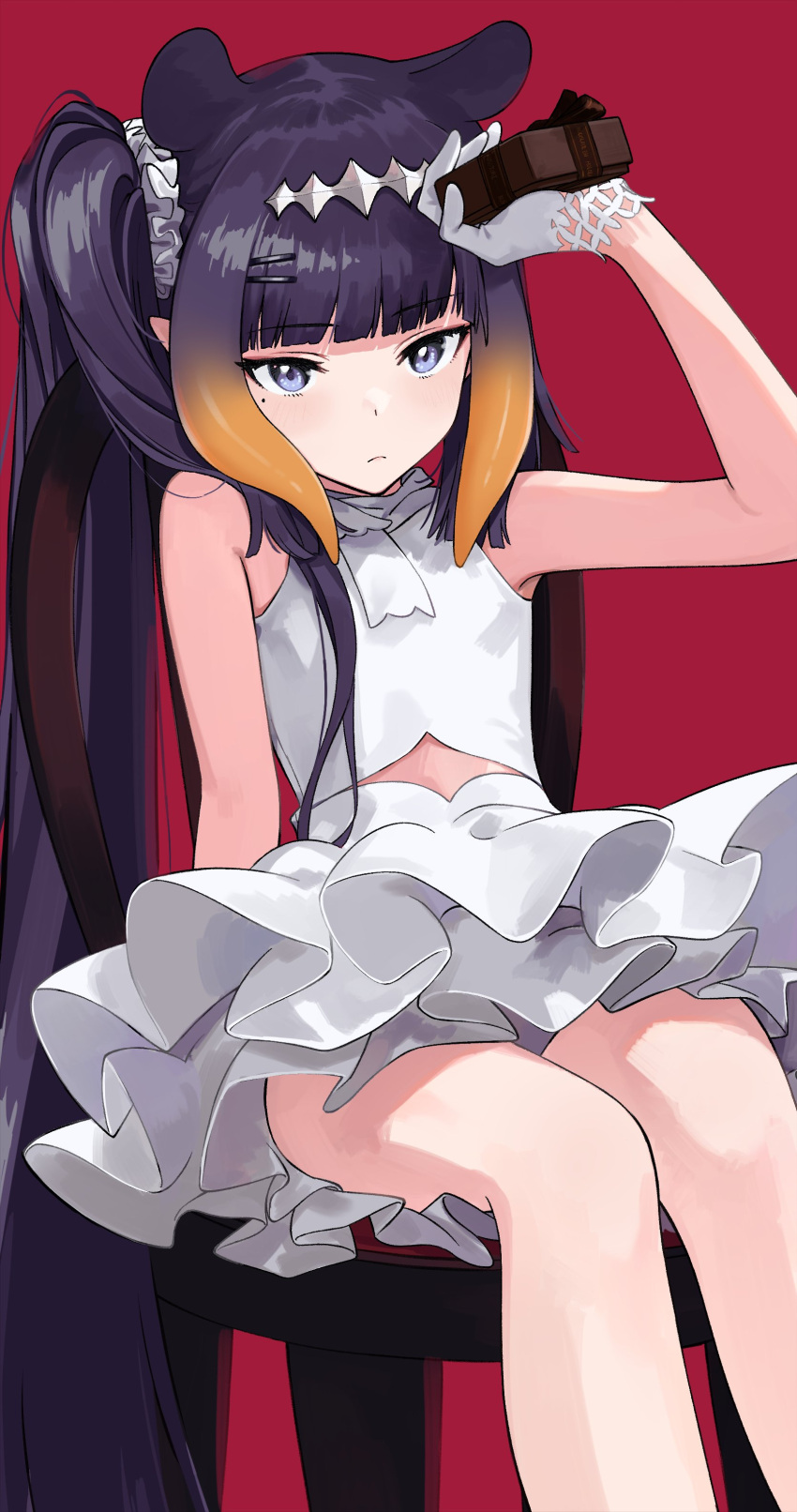 1girl 2021 absurdres alternate_costume bare_shoulders blue_eyes dress english_text gloves hair_ornament hair_scrunchie hairclip highres hololive hololive_english kojy long_hair looking_back ninomae_ina'nis one_side_up purple_hair red_background scrunchie sitting solo tentacle_hair very_long_hair virtual_youtuber white_dress white_gloves