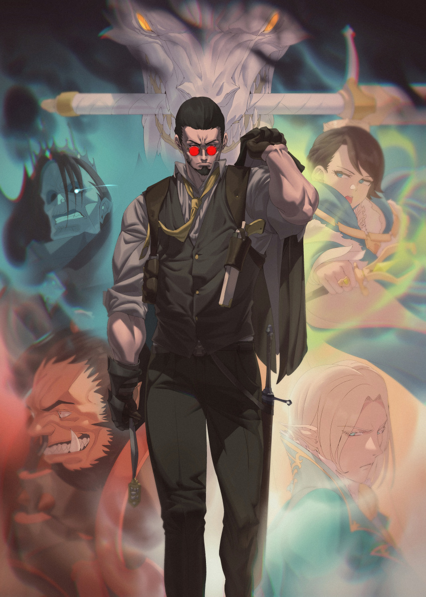 1girl 4boys absurdres bangs beard black_gloves black_hair black_vest blonde_hair blue_eyes brown_hair cover cover_page dragon facial_hair gloves glowing glowing_eye gun hair_behind_ear handgun highres holding holding_clothes holding_jacket holstered_weapon huge_filesize in_mouth ingan-i_neomu_gangham jacket jin_rou long_hair multiple_boys necktie novel_cover official_art pistol pointy_ears sunglasses sword textless tusks vest walking weapon yellow_eyes yellow_neckwear zombie