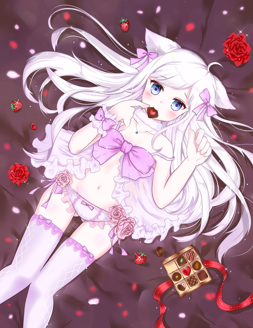 1girl animal_ears babydoll blue_eyes breasts cat_ears flower food fruit heart highres long_hair looking_at_viewer original panties petals pink_flower pink_rose purple_babydoll purple_legwear purple_panties purple_ribbon red_flower red_rose ribbon rose small_breasts smile solo strawberry thigh-highs tsukimiya_sara underwear valentine very_long_hair white_hair