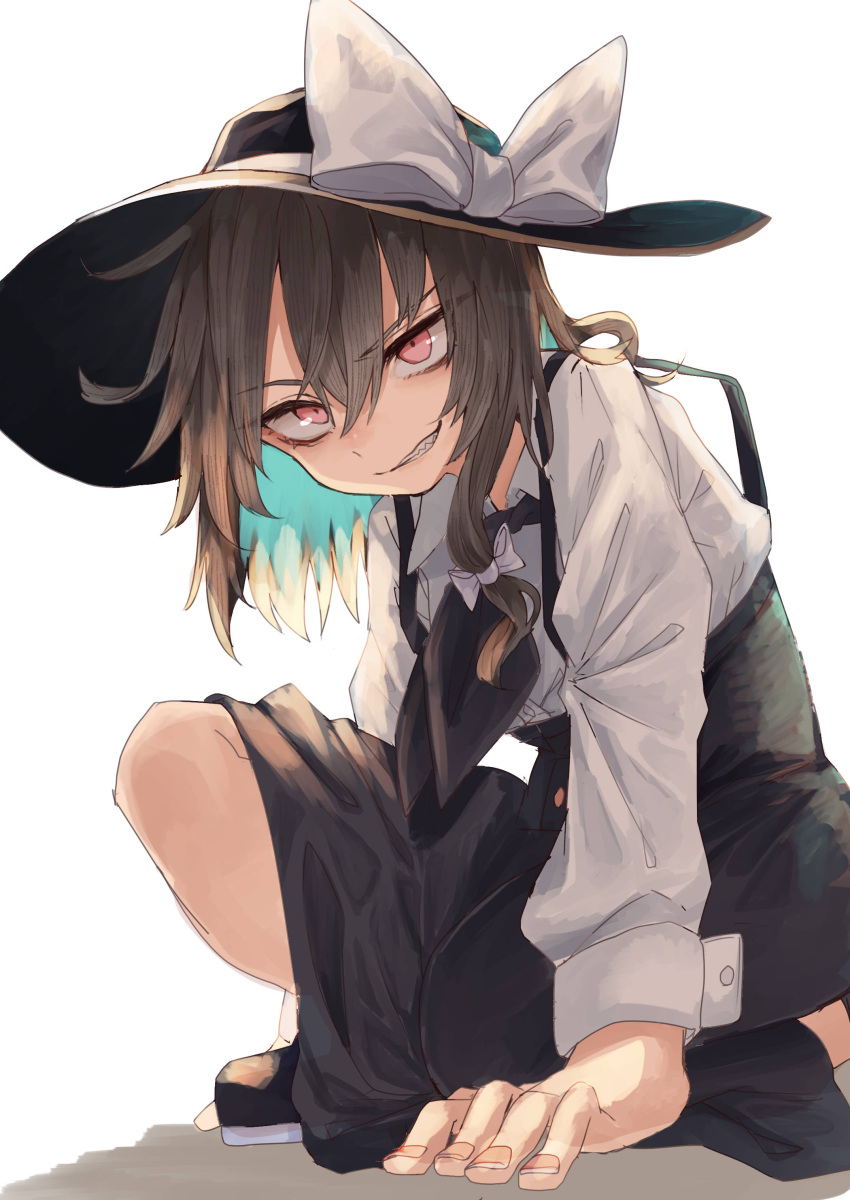 1girl absurdres arm_support black_dress black_footwear black_headwear black_neckwear bow breasts brown_hair cravat dress fingernails foot_out_of_frame from_below grin hair_between_eyes hair_bow hair_ribbon hat hat_bow highres long_sleeves looking_at_viewer medium_hair murayo one_knee perspective pink_eyes ribbon sharp_teeth shirt sidelocks simple_background small_breasts smile solo teeth touhou tress_ribbon usami_renko v-shaped_eyebrows white_background white_bow white_shirt