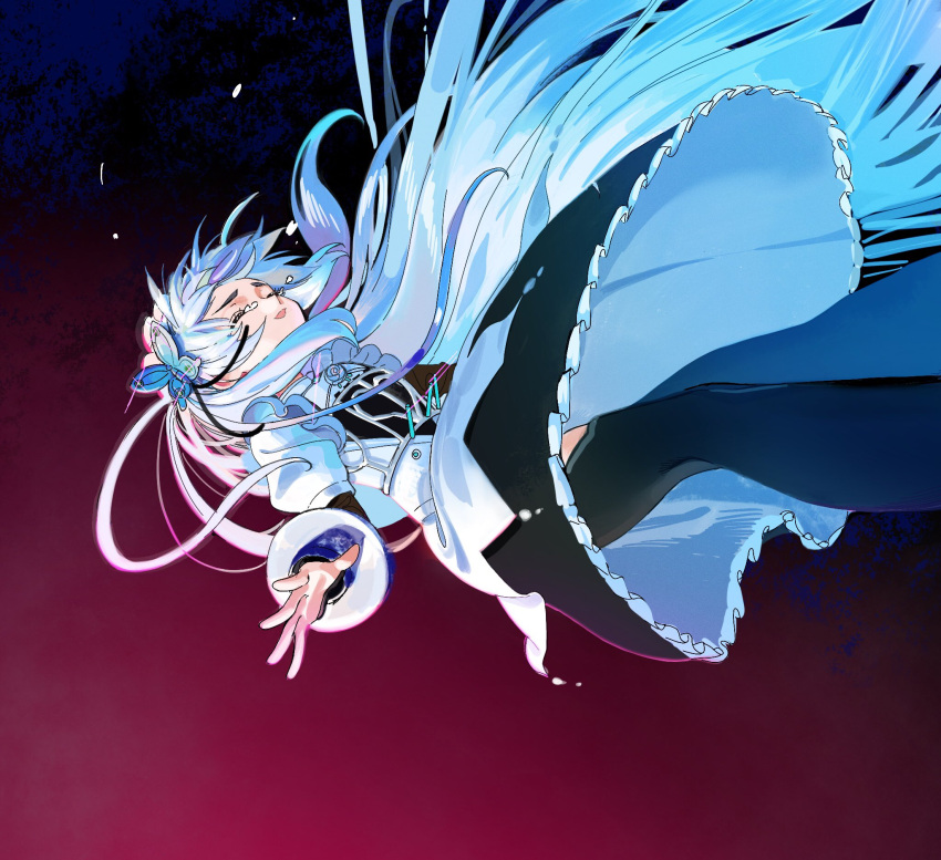 1girl butterfly_hair_ornament chaika_trabant closed_eyes dress falling feet_out_of_frame hair_ornament highres hitsugi_no_chaika kaede_(shijie_heping) long_hair long_sleeves parted_lips puffy_sleeves silver_hair solo tears thigh-highs two-tone_background very_long_hair