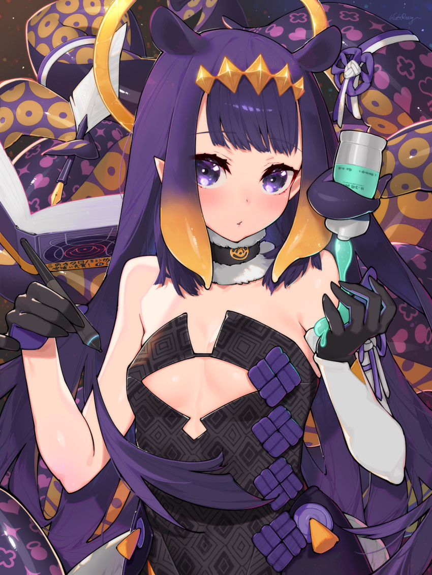 1girl bangs bare_shoulders black_dress black_gloves blunt_bangs breasts choker commentary_request dress eyebrows_visible_through_hair fur-trimmed_choker gloves highres holding holding_stylus hololive hololive_english long_hair looking_at_viewer multicolored_hair ninomae_ina'nis orange_hair pen purple_hair small_breasts solo stylus tentacles two-tone_hair violet_eyes virtual_youtuber waterring