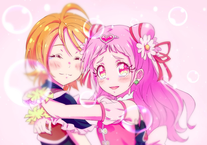 2girls :d black_capelet blush brown_hair capelet closed_eyes closed_mouth clover_earrings cure_black cure_yell daisy double_bun flower frilled_capelet frills futari_wa_precure hair_flower hair_ornament hair_ribbon heart heart_hair_ornament highres hug hugtto!_precure kyoutsuugengo lens_flare long_hair multiple_girls open_mouth pink_eyes pink_hair precure red_ribbon ribbon shiny shiny_hair short_hair short_sleeves smile tears upper_body white_flower