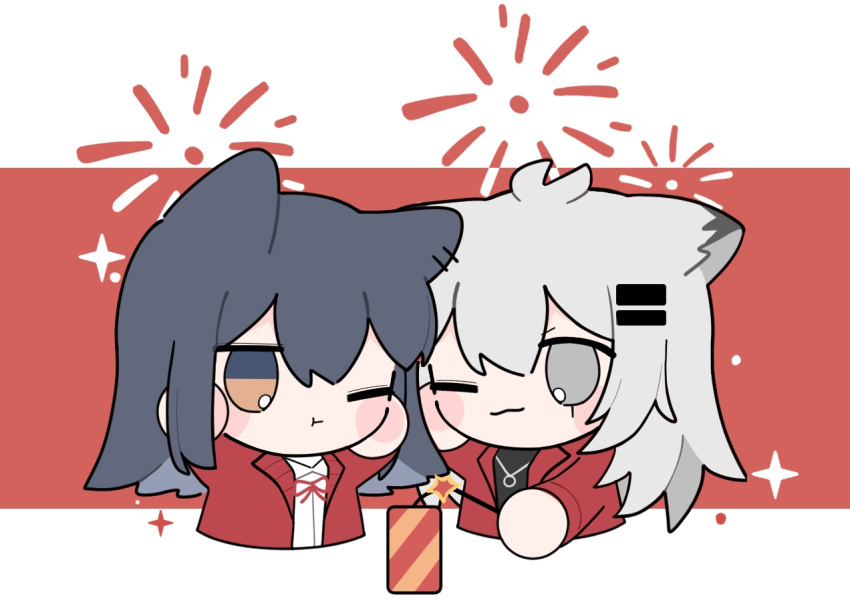 2girls ;t aerial_fireworks animal_ears arknights bangs black_eyes black_hair black_shirt brown_eyes chibi closed_mouth collared_shirt cropped_torso dress_shirt fireworks grey_eyes grey_hair hair_between_eyes hair_ornament hairclip jacket lappland_(arknights) long_hair multiple_girls one_eye_closed open_clothes open_jacket red_background red_jacket scar scar_across_eye shirt sparkle texas_(arknights) two-tone_background upper_body white_background white_shirt xijian
