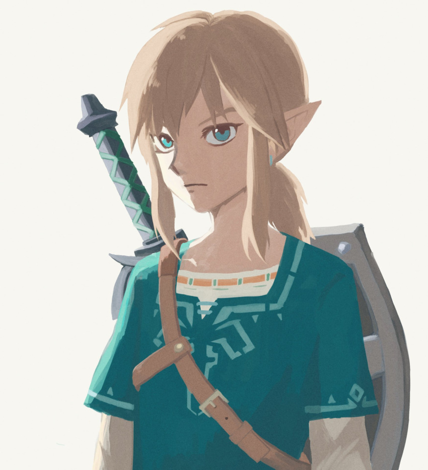 1boy chest_belt closed_mouth commentary_request earrings expressionless eyelashes green_shirt highres jewelry light_brown_hair link male_focus ni_lu_unk pointy_ears shield shirt short_sleeves sidelocks simple_background solo sword the_legend_of_zelda undershirt upper_body weapon white_background