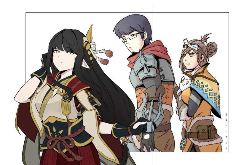 1boy 2girls :t armor artist_self-insert black_hair capelet distracted_boyfriend_(meme) english_commentary facial_hair folded_ponytail goatee goggles goggles_on_head handler_(monster_hunter_world) hetero highres hinoa japanese_armor japanese_clothes jealous jon_eve long_hair looking_back low-tied_long_hair meme monster_hunter:_world monster_hunter_(series) monster_hunter_rise multiple_girls pointy_ears pout short_hair yellow_eyes