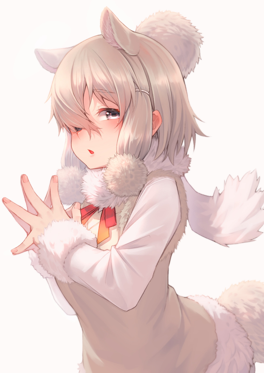 1girl alpaca_ears alpaca_girl alpaca_suri_(kemono_friends) alpaca_tail animal_ears beige_vest bow bowtie commentary cowboy_shot extra_ears fingers_together fur_collar hair_bun hair_over_one_eye hair_tubes highres kemono_friends long_sleeves looking_at_viewer red_neckwear short_hair solo st.takuma sweater tail white_fur white_hair white_sweater