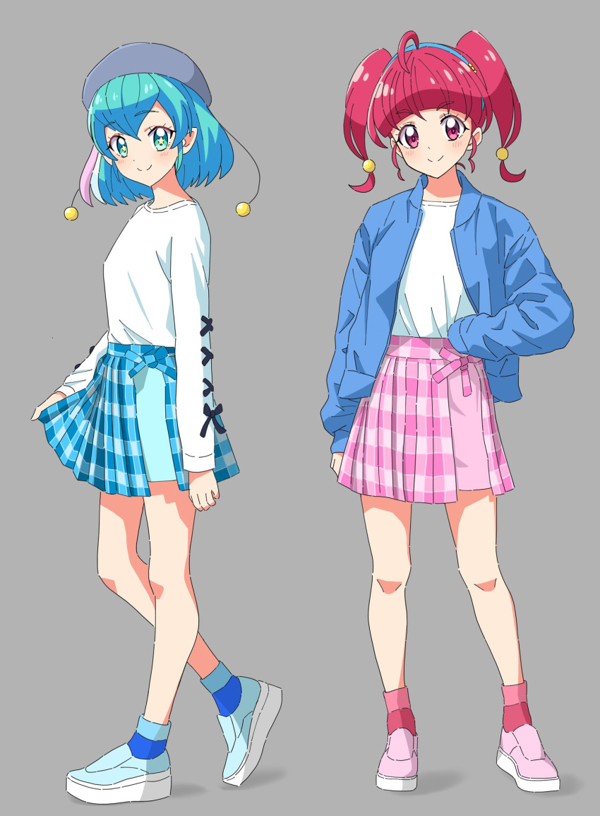 2girls ahoge bangs blue_eyes blue_footwear blue_hair blue_hairband blue_jacket blue_skirt blunt_bangs closed_mouth eyebrows_visible_through_hair full_body grey_background hagoromo_lala hair_between_eyes hairband highres hoshina_hikaru jacket kousuke0912 long_hair long_sleeves looking_at_viewer miniskirt multiple_girls open_clothes open_jacket pink_footwear pink_skirt plaid plaid_skirt pleated_skirt pointy_ears precure red_eyes redhead shiny shiny_hair shirt short_hair simple_background skirt skirt_hold sleeves_past_fingers sleeves_past_wrists smile solo standing star_twinkle_precure twintails white_shirt