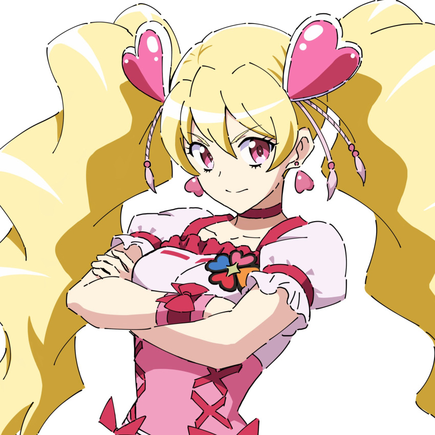 1girl bangs blonde_hair choker closed_mouth collarbone crossed_arms cure_peach earrings eyebrows_visible_through_hair floating_hair fresh_precure! hair_between_eyes hair_ornament heart heart_hair_ornament highres jewelry kousuke0912 long_hair looking_at_viewer precure red_choker red_eyes shiny shiny_hair shirt short_sleeves simple_background sketch smile solo underbust upper_body very_long_hair white_background white_shirt