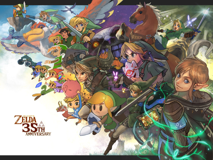 anniversary blonde_hair butiboco cape cliff cloak daruk ezlo fi green_tunic hat highres horse hyrule_warriors link loftwing looking_at_viewer mask midna mipha moon_(majora's_mask) multiple_persona navi pig pointy_ears princess_zelda revali riding scarf sheikah_slate smile tael tatl the_king_of_red_lions the_legend_of_zelda the_legend_of_zelda:_a_link_between_worlds the_legend_of_zelda:_a_link_to_the_past the_legend_of_zelda:_breath_of_the_wild the_legend_of_zelda:_four_swords the_legend_of_zelda:_link's_awakening the_legend_of_zelda:_majora's_mask the_legend_of_zelda:_ocarina_of_time the_legend_of_zelda:_skyward_sword the_legend_of_zelda:_the_minish_cap the_legend_of_zelda:_the_wind_waker the_legend_of_zelda:_twilight_princess the_legend_of_zelda_(cartoon) the_legend_of_zelda_(cd-i) the_legend_of_zelda_(nes) toon_link urbosa