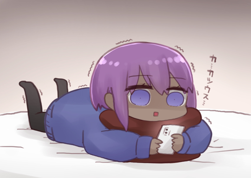 1girl bangs bed_sheet black_legwear blue_sweater cellphone chibi dark_skin dark-skinned_female eyebrows_visible_through_hair fate/prototype fate/prototype:_fragments_of_blue_and_silver fate_(series) hair_between_eyes hassan_of_serenity_(fate) highres holding holding_phone i.u.y legs_up long_sleeves lying no_shoes on_stomach pantyhose phone pillow pillow_hug puffy_long_sleeves puffy_sleeves purple_hair shaded_face sleeves_past_wrists solo square_mouth sweater trembling violet_eyes