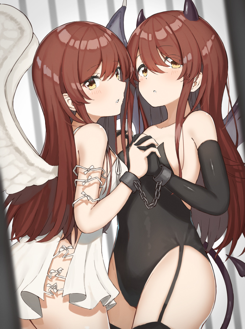 2girls absurdres angel_wings bangs black_gloves black_legwear black_leotard bound bound_wrists breasts brown_hair chain collarbone cowboy_shot cuffs demon_girl demon_horns demon_tail demon_wings dress elbow_gloves eyebrows_visible_through_hair feathered_wings garter_straps gloves hair_between_eyes highres holding_hands horns idolmaster idolmaster_shiny_colors interlocked_fingers leotard long_hair looking_at_viewer looking_back multiple_girls oosaki_amana oosaki_tenka shackles short_dress siblings sisters sleeveless sleeveless_dress small_breasts strapless strapless_leotard tail thigh-highs twins very_long_hair wanimaru white_dress wings yellow_eyes