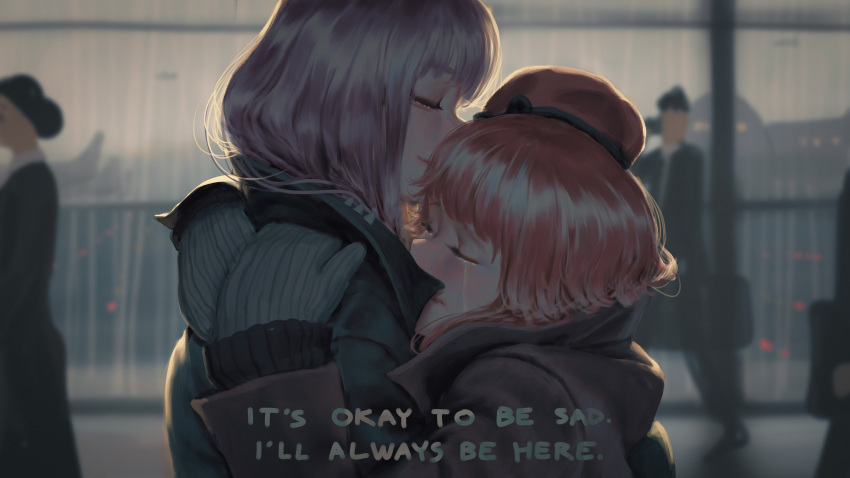 2girls absurdres airport alternate_costume beret casual chmyxo closed coat collar crying english_commentary english_text eyes hat highres hololive hololive_english hug long_sleeves mittens mori_calliope multiple_girls orange_hair pink_hair smile spiked_collar spikes subtitled takanashi_kiara tearing_up