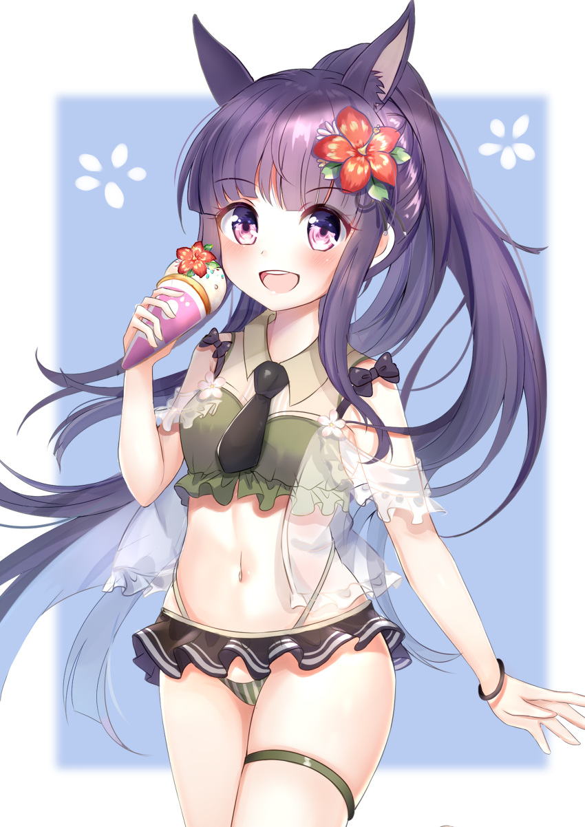 1girl :d absurdres adapted_costume animal_ears bikini bikini_skirt breasts collared_shirt cowboy_shot crop_top extra_ears floating_hair flower food frilled_shirt frills green_bikini green_shirt hair_flower hair_ornament hand_up hibiscus highleg highleg_bikini highres holding ice_cream kasumi_(princess_connect!) long_hair looking_at_viewer lydia601304 microskirt midriff navel necktie open_clothes open_mouth ponytail princess_connect! princess_connect!_re:dive purple_hair see-through shirt short_necktie sidelocks skirt small_breasts smile solo standing stomach string_bikini striped striped_bikini swimsuit thigh_strap thighs violet_eyes
