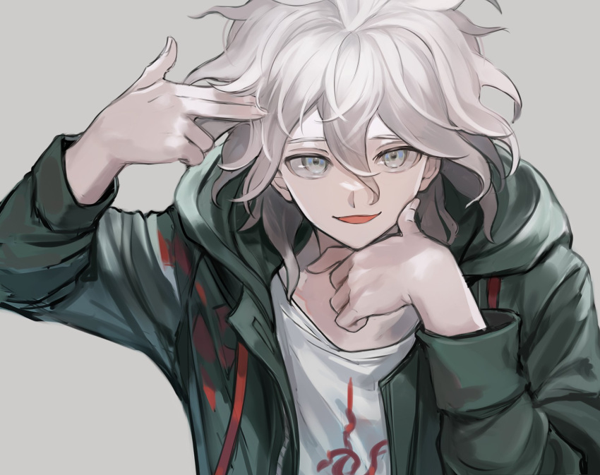 1boy :d bangs commentary_request dangan_ronpa_(series) dangan_ronpa_2:_goodbye_despair finger_gun finger_gun_to_head grey_background hair_between_eyes hand_on_own_chin hand_up highres hood hooded_jacket hoodie jacket komaeda_nagito long_sleeves looking_at_viewer male_focus messy_hair muuyiie open_clothes open_jacket open_mouth shirt short_hair simple_background smile solo upper_body white_hair white_shirt