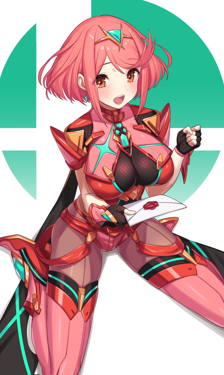 1girl absurdres black_gloves breasts earrings fingerless_gloves gloves green322 hair_ornament highres jewelry large_breasts leggings pyra_(xenoblade) red_eyes red_shorts redhead short_hair short_shorts shorts solo super_smash_bros. thigh-highs tiara xenoblade_chronicles_(series) xenoblade_chronicles_2