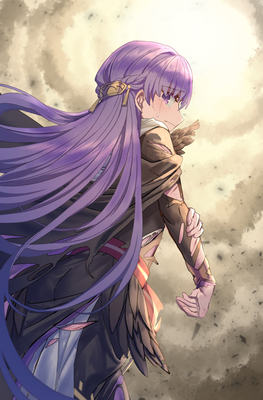 1girl absurdly_long_hair absurdres belt black_feathers cape closed_mouth commission commissioner_upload dress feathers fire_emblem fire_emblem:_the_binding_blade fire_emblem_heroes highres injury long_hair long_sleeves looking_back purple_hair shichigatsu solo sophia_(fire_emblem) teardrop tearing_up tears torn_clothes torn_sleeves very_long_hair violet_eyes