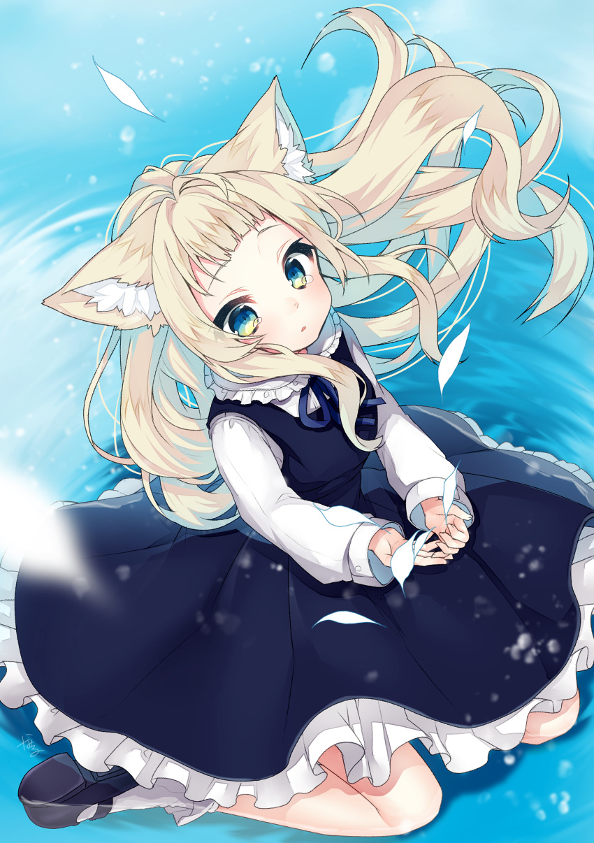 1girl :o absurdres animal_ear_fluff animal_ears bangs black_dress black_footwear blonde_hair blue_eyes bobby_socks cat_ears collared_shirt commentary_request dress floating_hair frilled_shirt_collar frills highres long_hair long_sleeves mary_janes nachiru original parted_lips pinafore_dress puffy_long_sleeves puffy_sleeves shallow_water shirt shoes sitting sleeveless sleeveless_dress sleeves_past_wrists socks solo tears very_long_hair wariza water white_legwear white_shirt