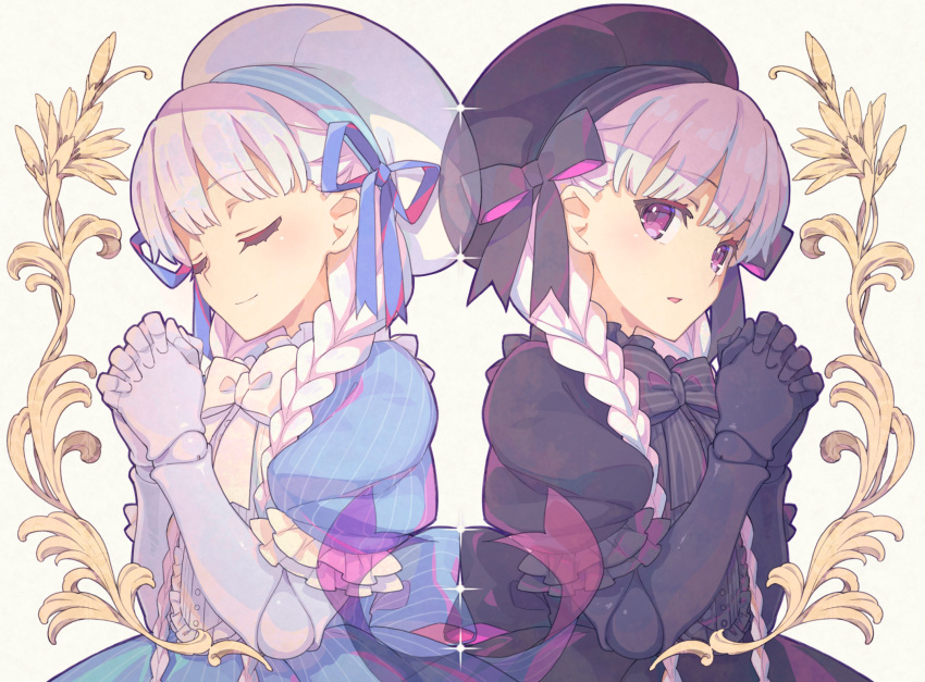 alice_(fate) alice_(fate/extra) bangs beret black_dress black_headwear blue_dress blush bow braid breasts closed_eyes doll_joints dress fate/extra fate_(series) frills hat highres joints long_hair looking_at_viewer nursery_rhyme_(fate) nursery_rhyme_(fate/extra) open_mouth puffy_short_sleeves puffy_sleeves saipaco short_sleeves silver_hair small_breasts smile twin_braids violet_eyes white_headwear