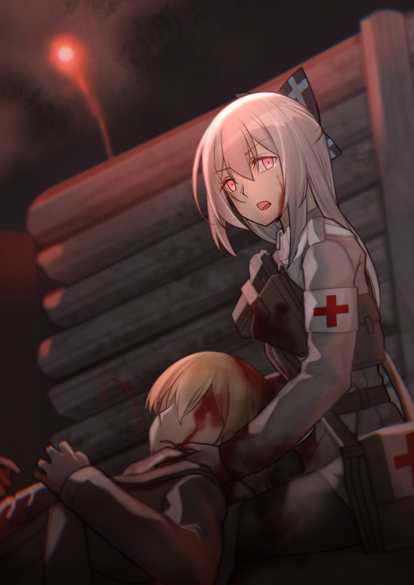 2girls absurdres bag blood blood_on_face covered_eyes eyebrows_visible_through_hair girls_frontline hair_ribbon hand_on_another's_shoulder highres long_hair looking_at_viewer lying lying_on_person macayase medic military military_uniform mosin-nagant_(girls_frontline) multiple_girls on_back open_mouth orange_hair pink_eyes ribbon silver_hair tagme tokarev_(girls_frontline) uniform