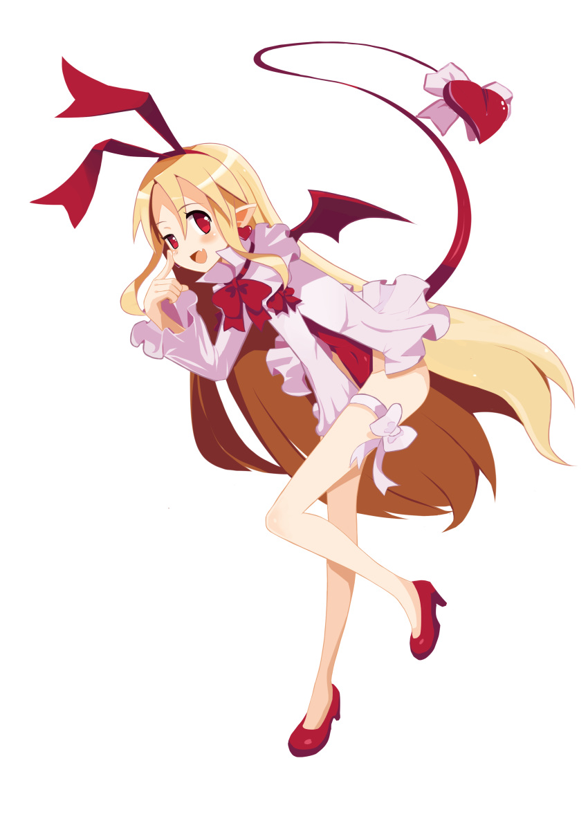 1girl absurdres blonde_hair blush bow breasts demon_wings disgaea flat_chest flonne flonne_(fallen_angel) full_body hairband highres leotard long_hair makai_senki_disgaea open_mouth pointy_ears red_bow red_eyes red_footwear red_hairband red_leotard ribbon smile solo standing standing_on_one_leg tail tail_ornament tail_ribbon thigh_ribbon tyasuzu wings