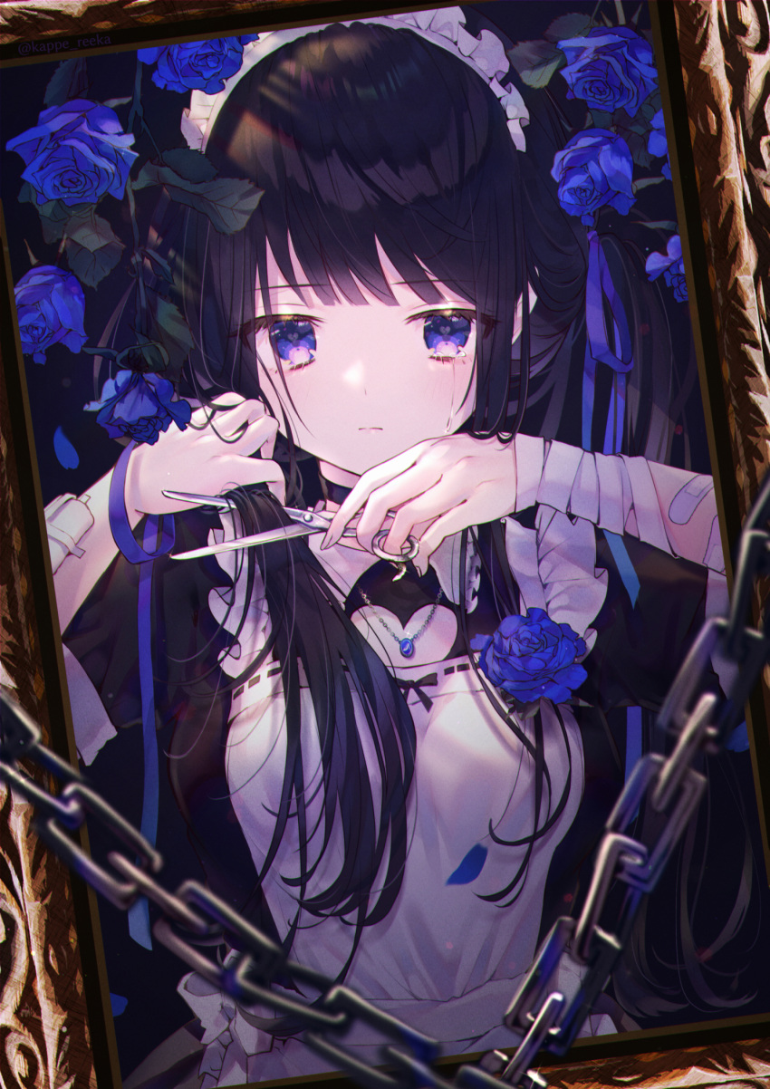 1girl bandaged_arm bandages bangs black_choker black_hair blue_flower blue_ribbon blue_rose breasts chain choker crying crying_with_eyes_open cutting_hair flower highres holding holding_scissors kappe_reeka maid maid_headdress medium_breasts original ribbon rose scissors solo tears twintails violet_eyes