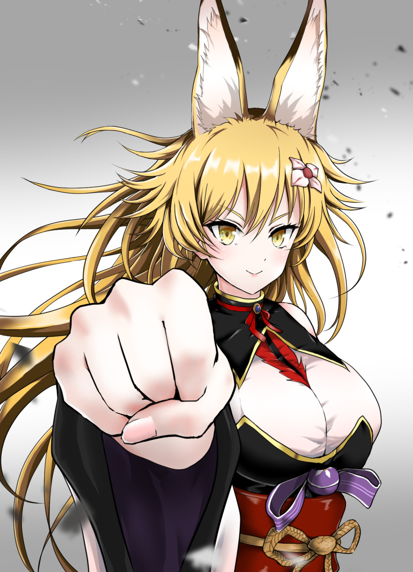 1girl animal_ear_fluff azur_lane blonde_hair breasts clenched_hand flower gradient gradient_background grey_background hair_flower hair_ornament highres hokkaidonder large_breasts long_hair looking_at_viewer red_sash sash sendai_(azur_lane) solo white_background wide_sleeves yellow_eyes
