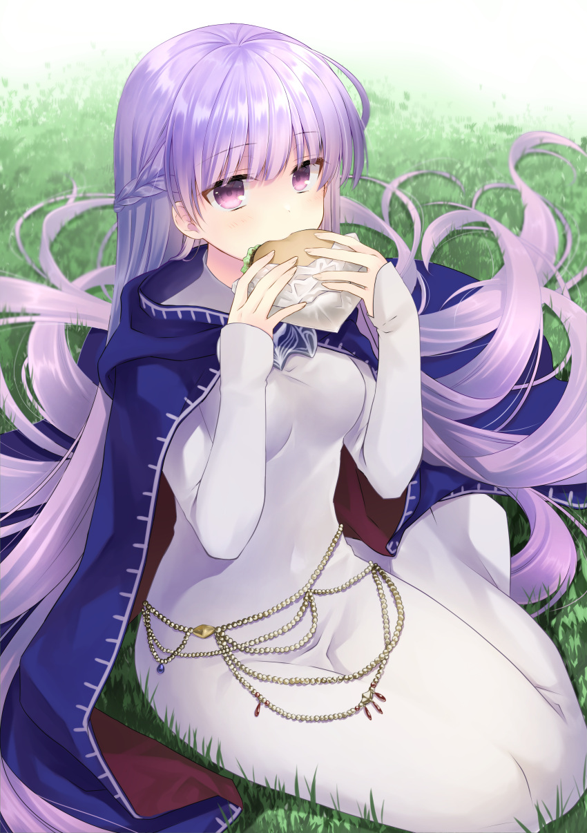 1girl absurdly_long_hair absurdres belly_chain blue_cape blue_dress braid breasts cape commission commissioner_upload dated dress eating expressionless eyebrows_visible_through_hair fire_emblem fire_emblem:_the_binding_blade food french_braid fujiwara_minaho grass hamburger highres huge_filesize jewelry long_hair medium_breasts navel purple_hair sitting solo sophia_(fire_emblem) very_long_hair violet_eyes