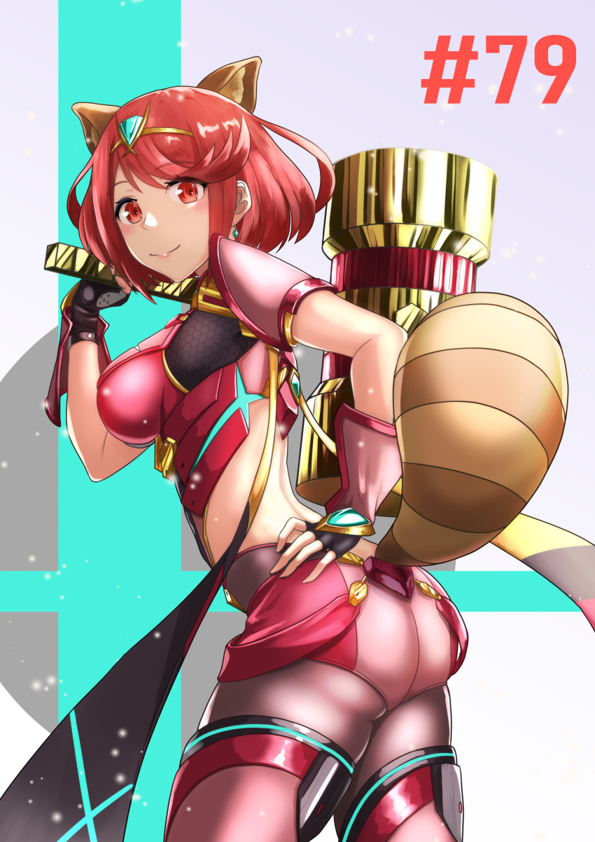 1girl animal_ears ass bangs black_gloves breasts chest_jewel earrings fingerless_gloves gem gloves headpiece highres jewelry large_breasts super_mario_bros. pyra_(xenoblade) raccoon_ears raccoon_tail red_eyes red_legwear red_shorts redhead short_hair short_shorts shorts solo sukkirito_(rangusan) super_smash_bros. swept_bangs tail thigh-highs tiara xenoblade_chronicles_(series) xenoblade_chronicles_2